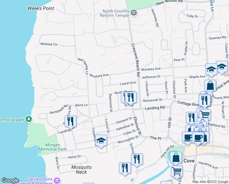 map of restaurants, bars, coffee shops, grocery stores, and more near 18 Raymond Street in Glen Cove