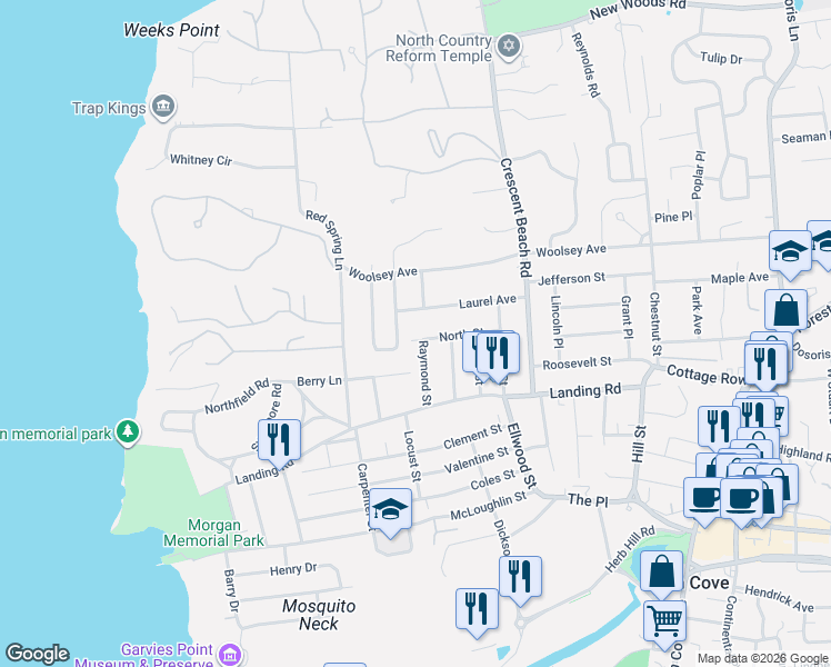 map of restaurants, bars, coffee shops, grocery stores, and more near 18 Raymond Street in Glen Cove