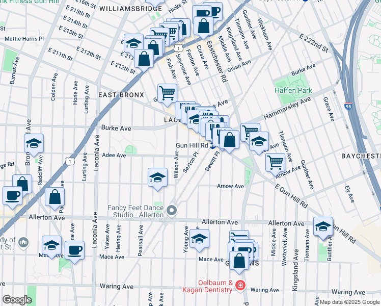 map of restaurants, bars, coffee shops, grocery stores, and more near in The Bronx