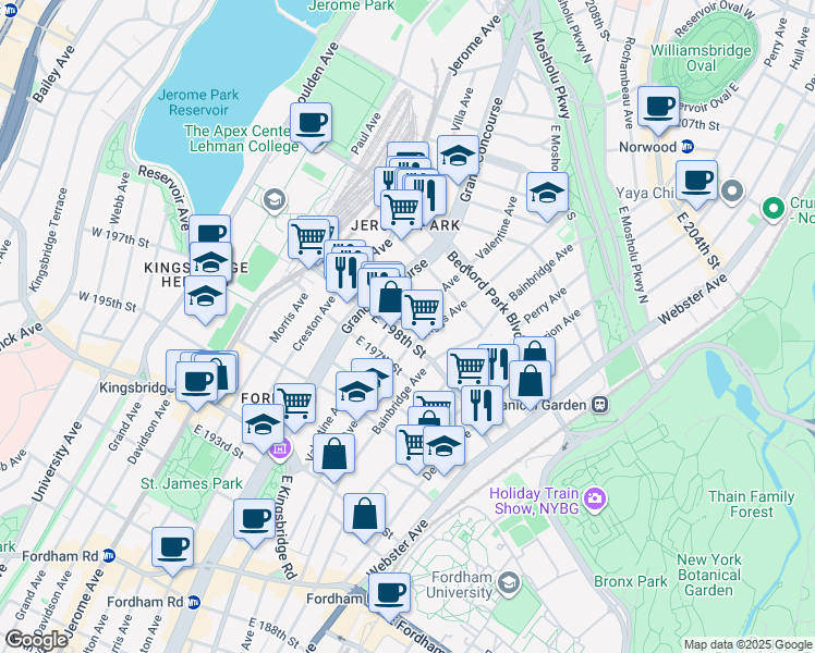 map of restaurants, bars, coffee shops, grocery stores, and more near 2834 Valentine Avenue in Bronx