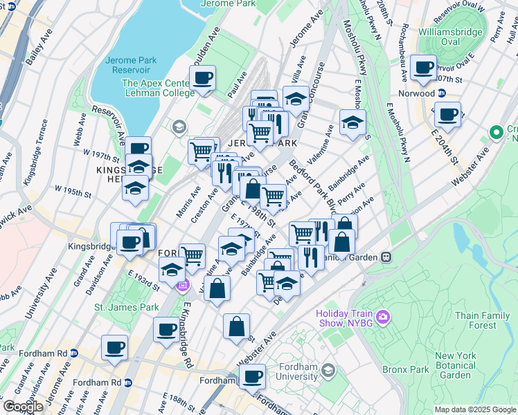 map of restaurants, bars, coffee shops, grocery stores, and more near 2834 Valentine Avenue in Bronx