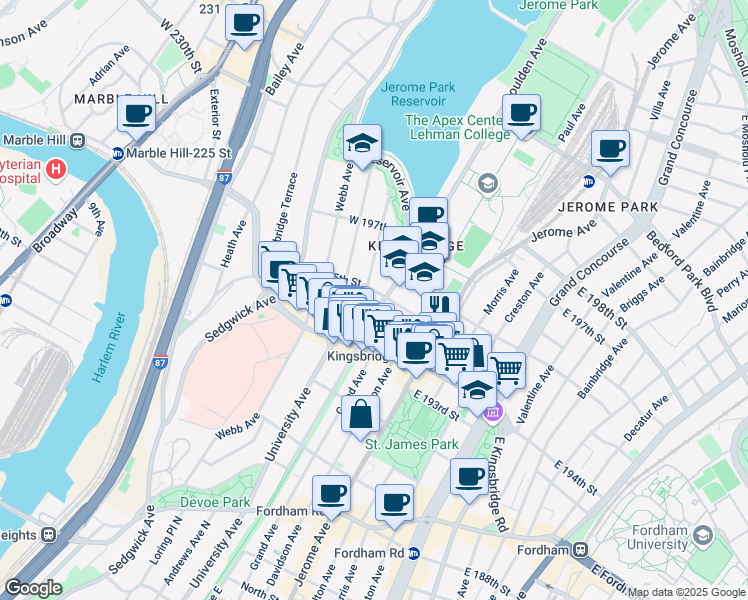 map of restaurants, bars, coffee shops, grocery stores, and more near in The Bronx