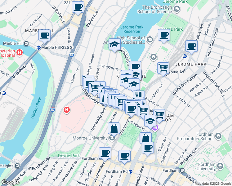 map of restaurants, bars, coffee shops, grocery stores, and more near in The Bronx
