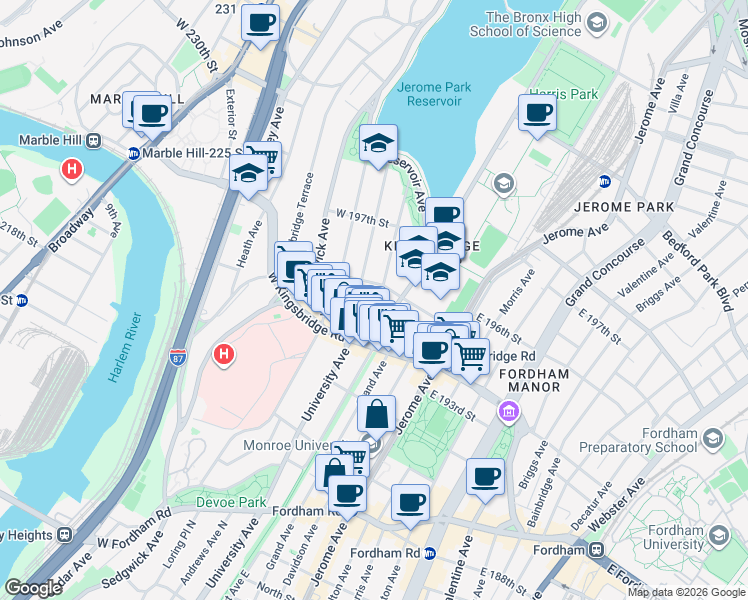 map of restaurants, bars, coffee shops, grocery stores, and more near in The Bronx