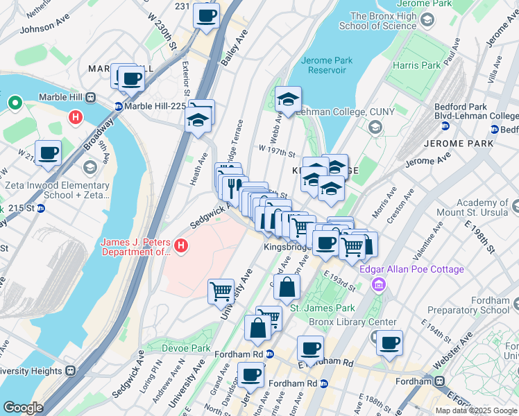map of restaurants, bars, coffee shops, grocery stores, and more near in The Bronx