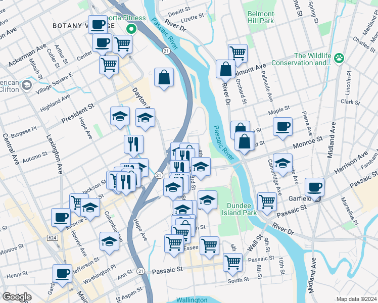 map of restaurants, bars, coffee shops, grocery stores, and more near 205 3rd Street in Passaic