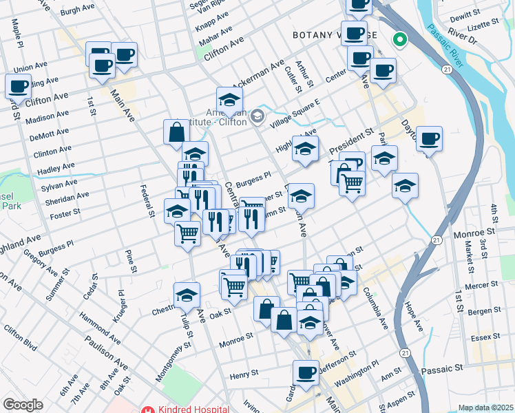map of restaurants, bars, coffee shops, grocery stores, and more near 153 Autumn Street in Passaic