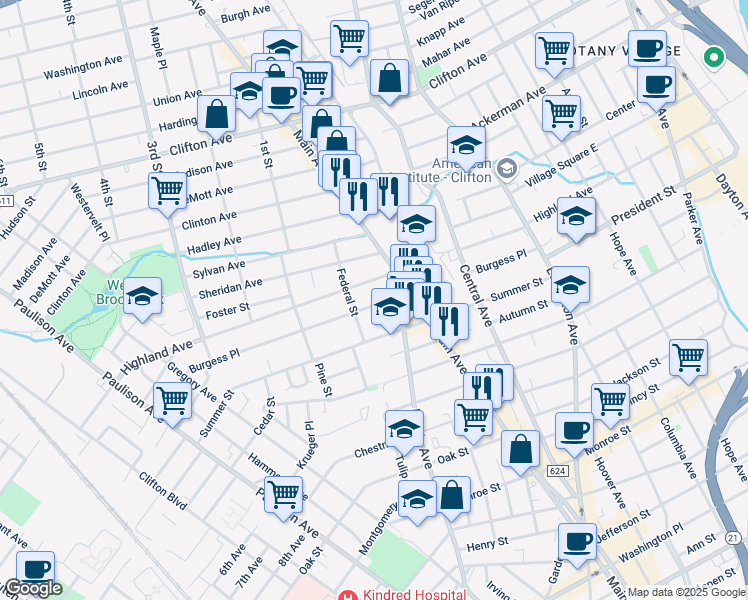 map of restaurants, bars, coffee shops, grocery stores, and more near 155 Burgess Place in Passaic