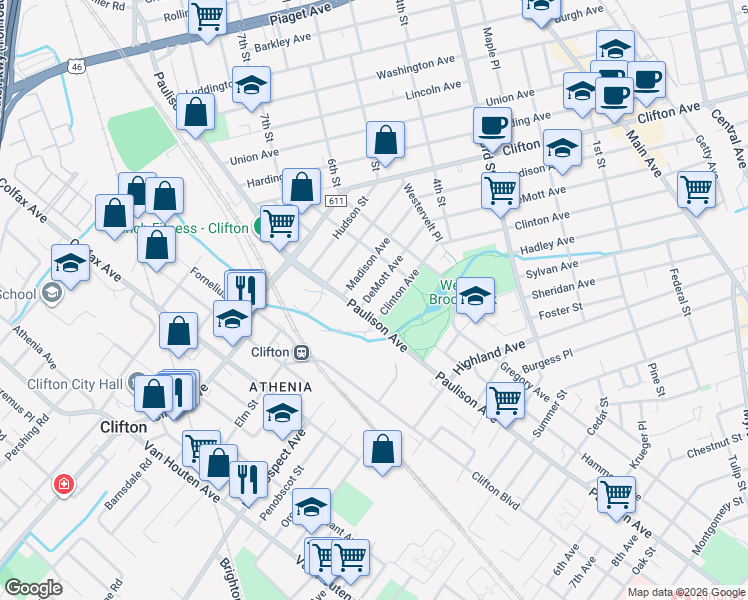 map of restaurants, bars, coffee shops, grocery stores, and more near in Clifton