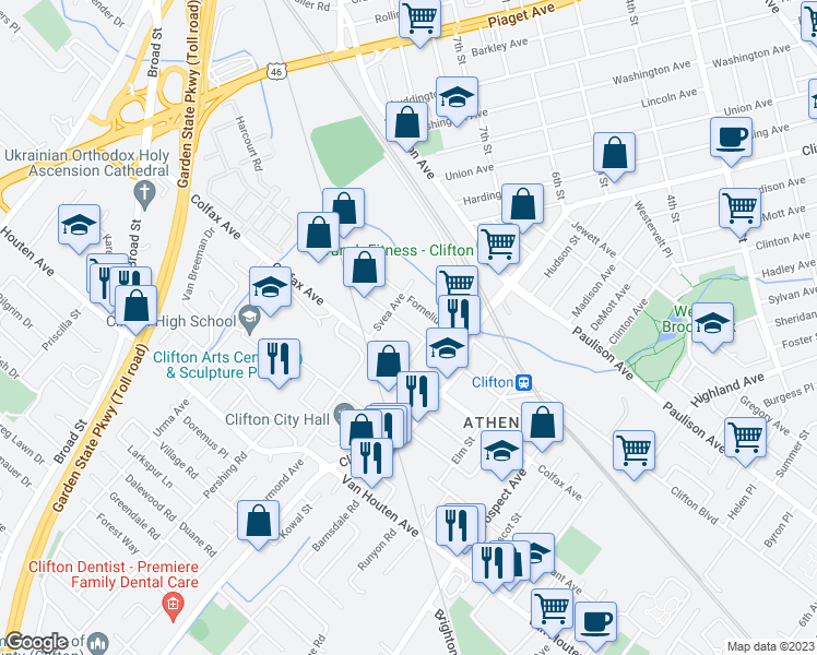 map of restaurants, bars, coffee shops, grocery stores, and more near in Clifton