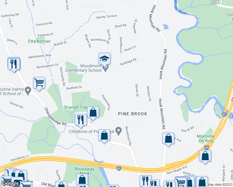 map of restaurants, bars, coffee shops, grocery stores, and more near 22 Woodmont Road in Montville