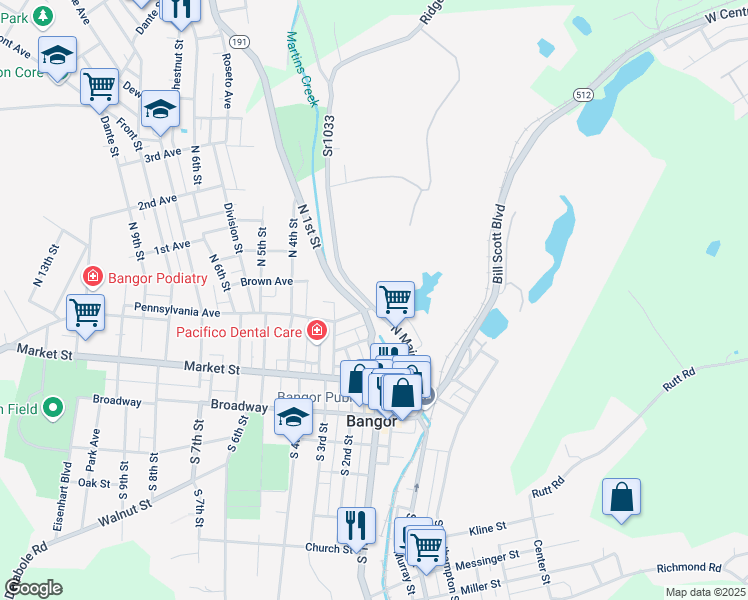 map of restaurants, bars, coffee shops, grocery stores, and more near 110 Pennsylvania Avenue in Bangor