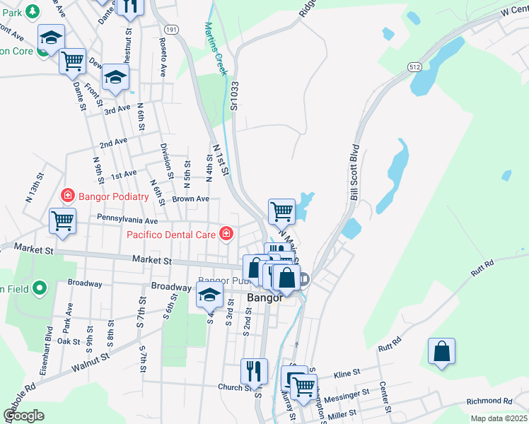 map of restaurants, bars, coffee shops, grocery stores, and more near 110 Pennsylvania Avenue in Bangor