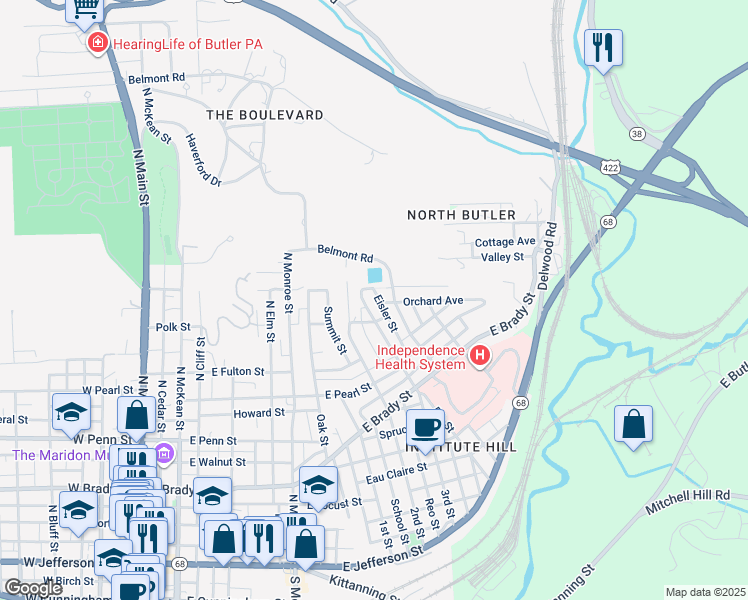 map of restaurants, bars, coffee shops, grocery stores, and more near 606 3rd Street in Butler