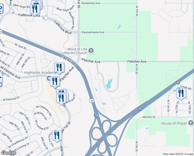 map of restaurants, bars, coffee shops, grocery stores, and more near 375 Fletcher Avenue in Lincoln
