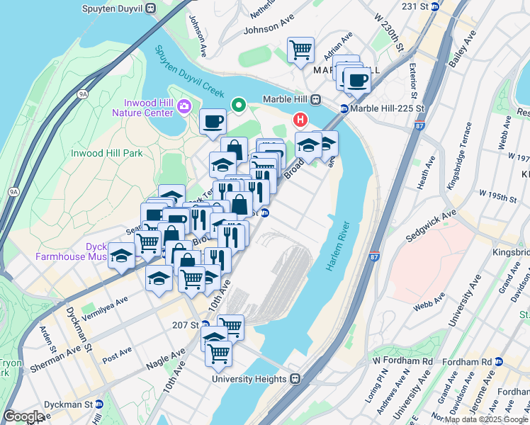 map of restaurants, bars, coffee shops, grocery stores, and more near 10th Avenue & West 215th Street in New York
