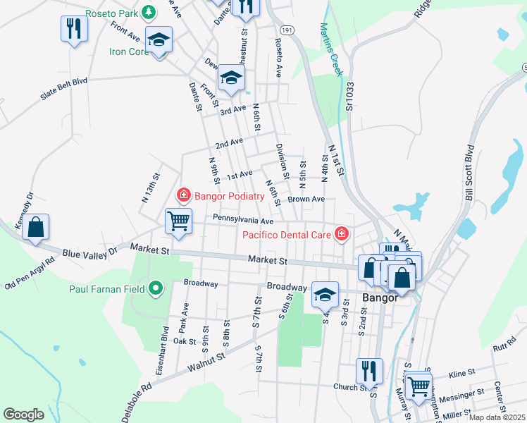 map of restaurants, bars, coffee shops, grocery stores, and more near 105 North 7th Street in Bangor