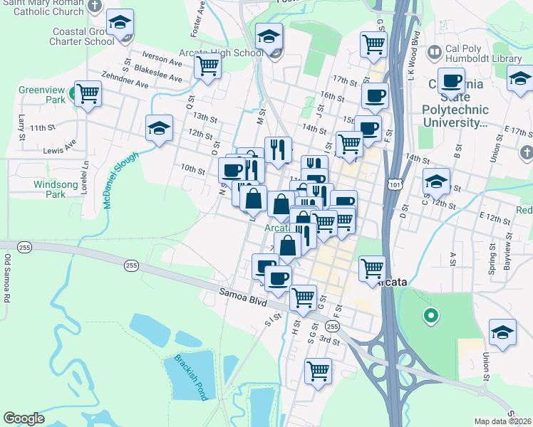 map of restaurants, bars, coffee shops, grocery stores, and more near 801 K Street in Arcata