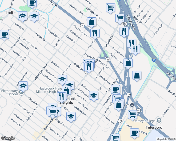 map of restaurants, bars, coffee shops, grocery stores, and more near 215 Williams Avenue in Hasbrouck Heights