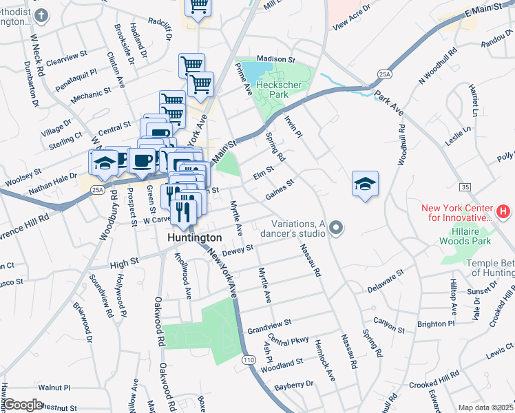 map of restaurants, bars, coffee shops, grocery stores, and more near 53A Fairview Street in Huntington