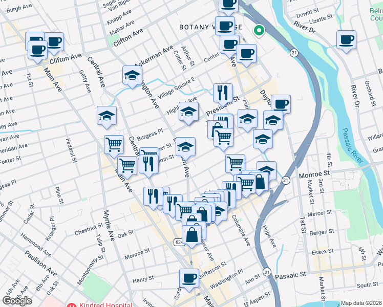 map of restaurants, bars, coffee shops, grocery stores, and more near 156 Lexington Avenue in Passaic
