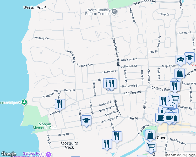 map of restaurants, bars, coffee shops, grocery stores, and more near 18 Raymond Street in Glen Cove