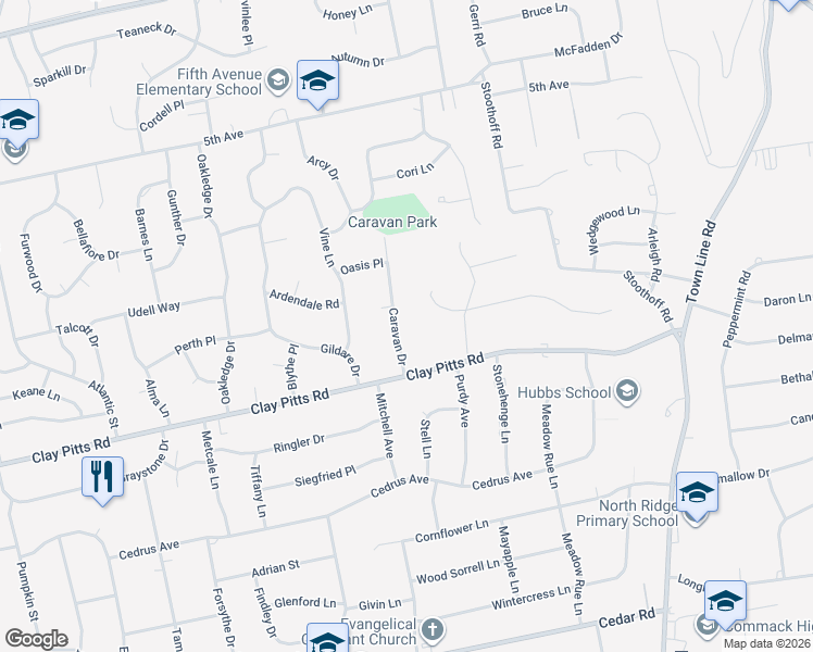map of restaurants, bars, coffee shops, grocery stores, and more near 6 Caravan Drive in East Northport