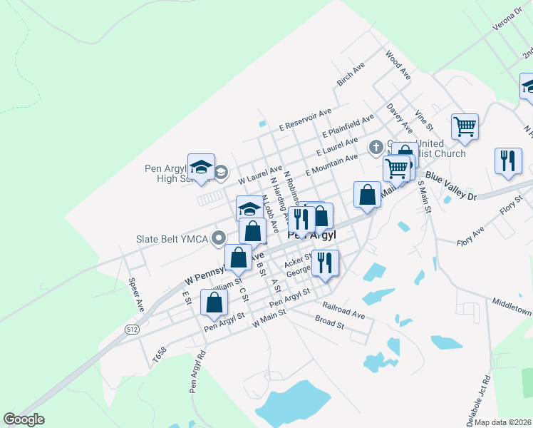 map of restaurants, bars, coffee shops, grocery stores, and more near 110 North Heller Avenue in Pen Argyl