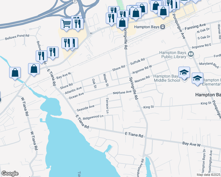 map of restaurants, bars, coffee shops, grocery stores, and more near 23 Ocean Avenue in Hampton Bays