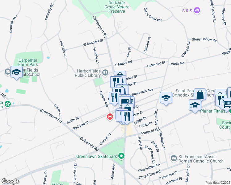 map of restaurants, bars, coffee shops, grocery stores, and more near in Greenlawn