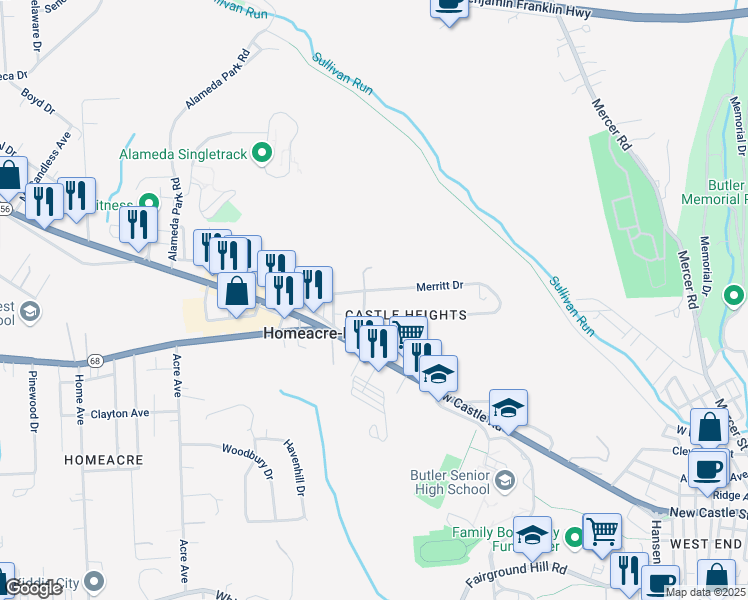 map of restaurants, bars, coffee shops, grocery stores, and more near 101 Malwood Drive in Butler
