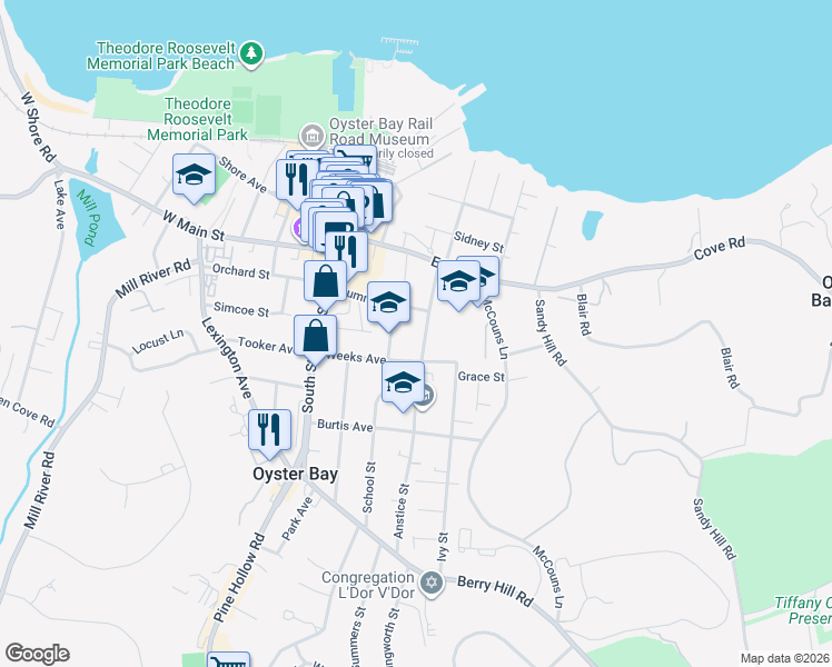 map of restaurants, bars, coffee shops, grocery stores, and more near 85 Anstice Street in Oyster Bay