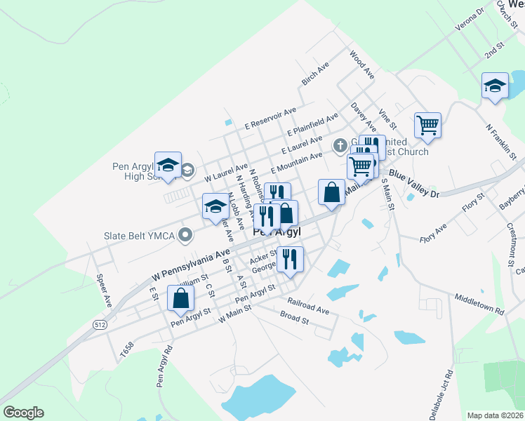 map of restaurants, bars, coffee shops, grocery stores, and more near 103 North Harding Avenue in Pen Argyl