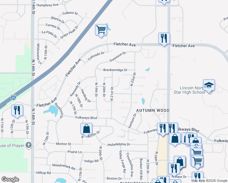 map of restaurants, bars, coffee shops, grocery stores, and more near 5810 North 21st Street in Lincoln