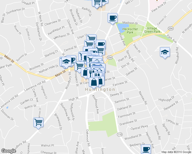 map of restaurants, bars, coffee shops, grocery stores, and more near 8 West Carver Street in Huntington