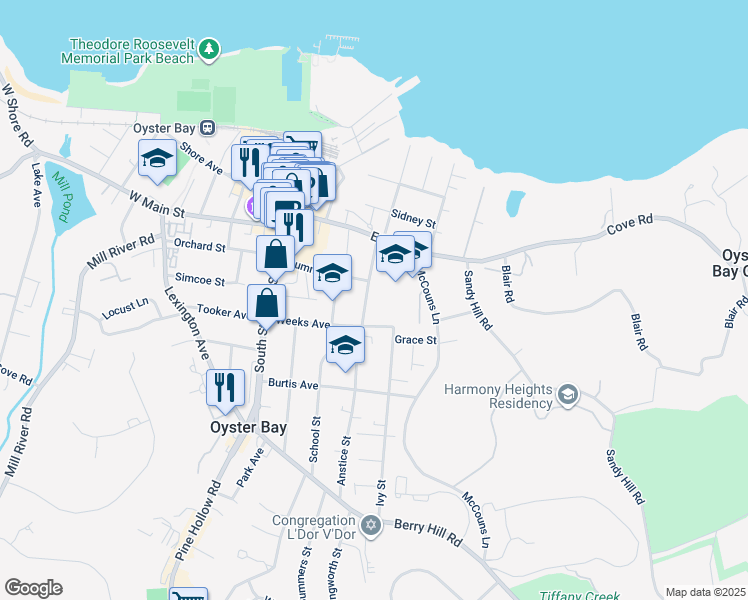 map of restaurants, bars, coffee shops, grocery stores, and more near 85 Anstice Street in Oyster Bay