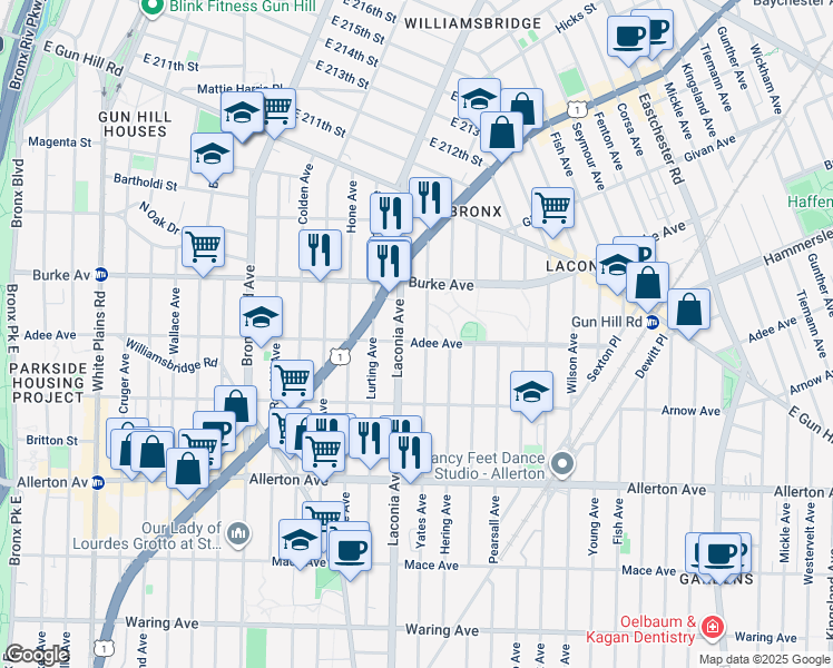 map of restaurants, bars, coffee shops, grocery stores, and more near 2954 Laconia Avenue in Bronx