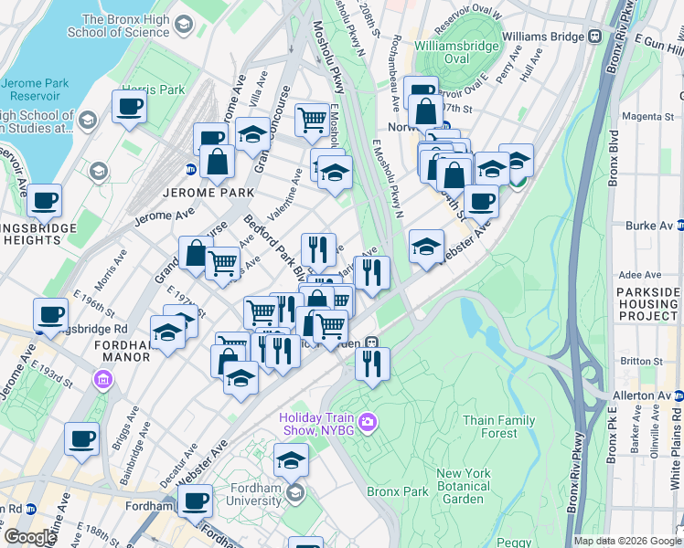 map of restaurants, bars, coffee shops, grocery stores, and more near 383 East 201st Street in The Bronx