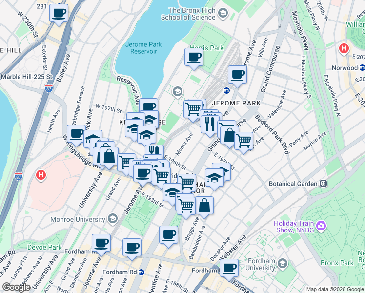 map of restaurants, bars, coffee shops, grocery stores, and more near 2758 Morris Avenue in Bronx