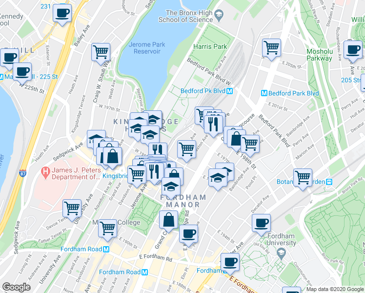map of restaurants, bars, coffee shops, grocery stores, and more near 2758 Morris Avenue in The Bronx