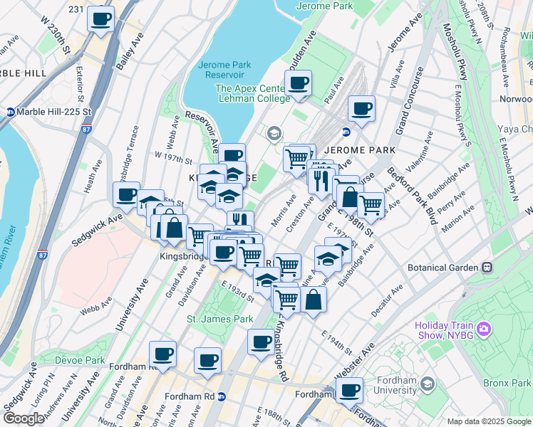 map of restaurants, bars, coffee shops, grocery stores, and more near 2758 Morris Avenue in Bronx