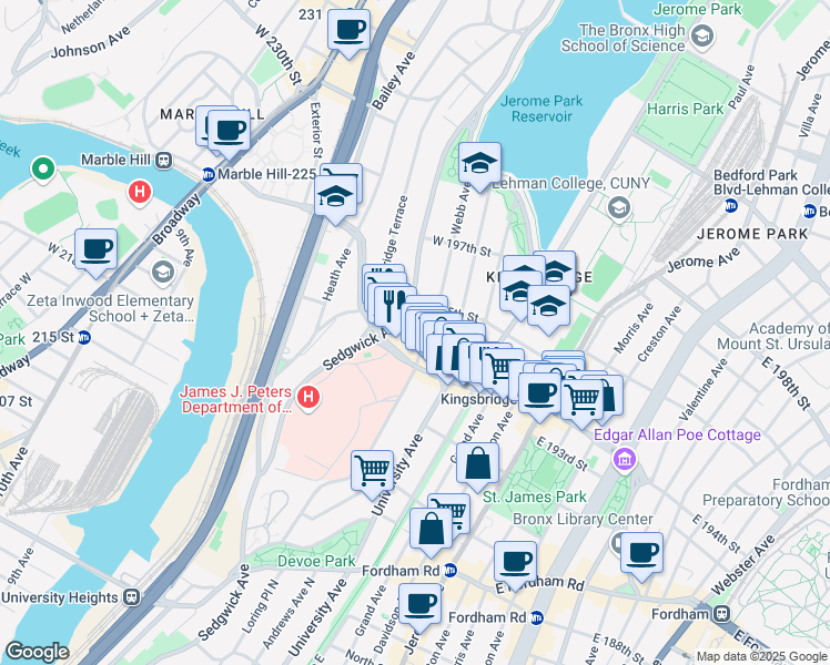 map of restaurants, bars, coffee shops, grocery stores, and more near in The Bronx