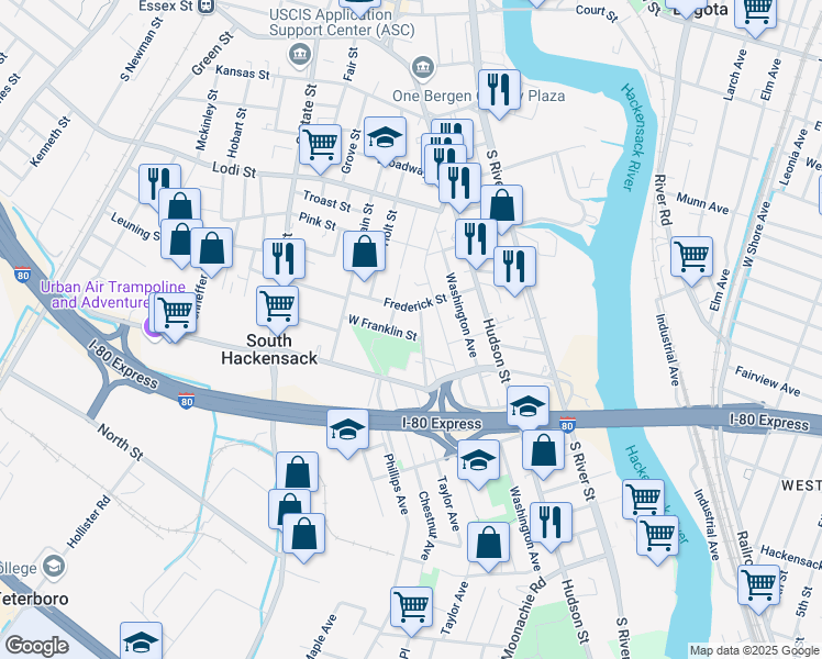 map of restaurants, bars, coffee shops, grocery stores, and more near 100 Kennedy Street in Hackensack