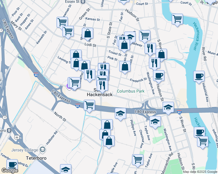 map of restaurants, bars, coffee shops, grocery stores, and more near 40 East Wesley Street in South Hackensack