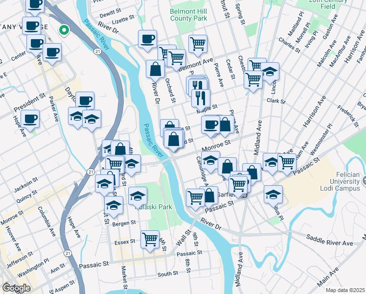 map of restaurants, bars, coffee shops, grocery stores, and more near 25 Monroe Street in Garfield