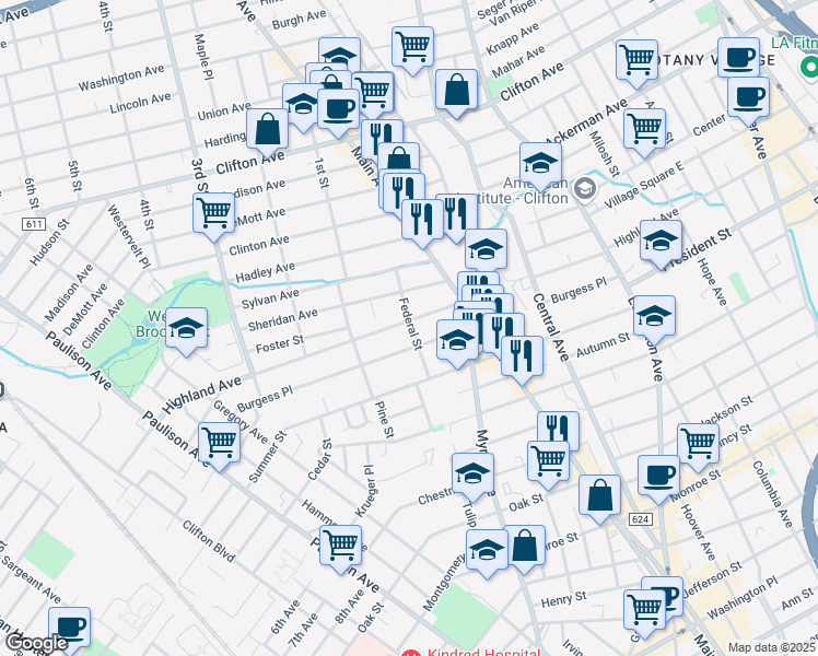 map of restaurants, bars, coffee shops, grocery stores, and more near 178 Burgess Place in Passaic