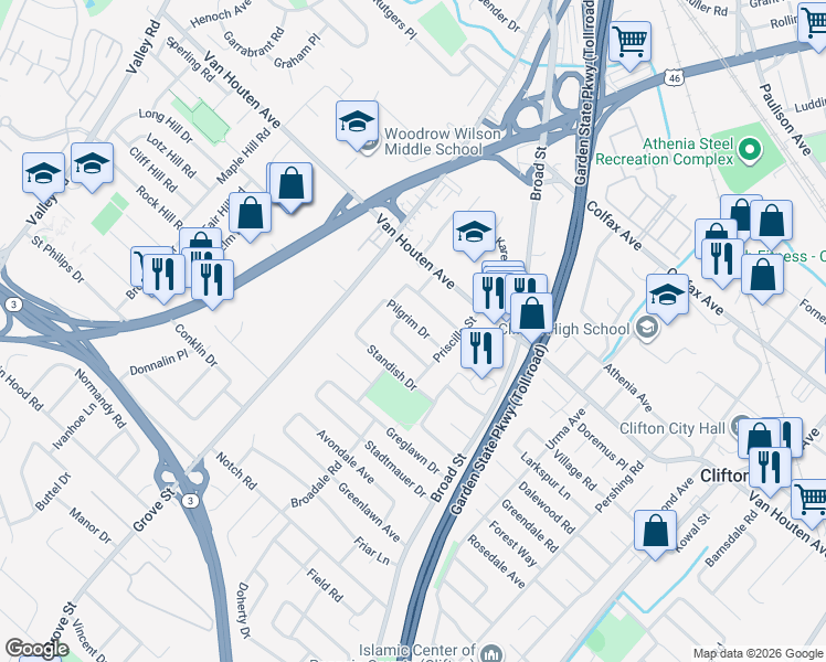map of restaurants, bars, coffee shops, grocery stores, and more near 21 John Alden Street in Clifton