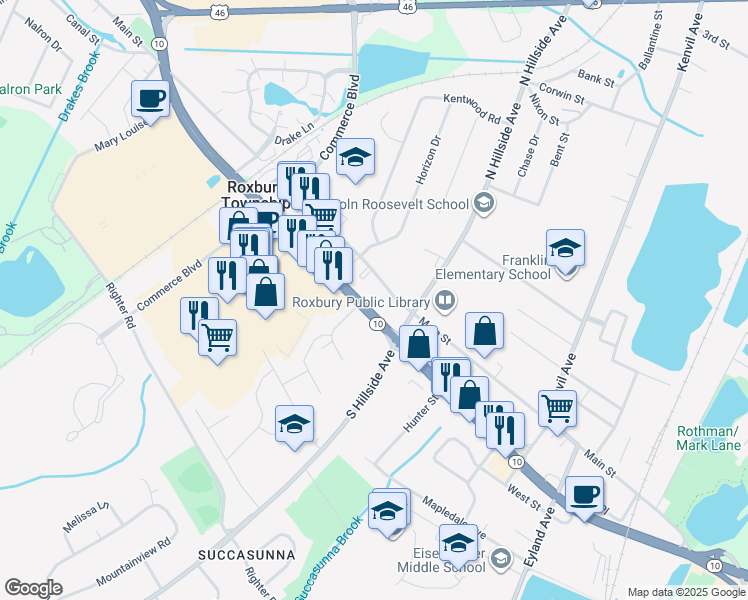 map of restaurants, bars, coffee shops, grocery stores, and more near 201 New Jersey 10 in Roxbury Township