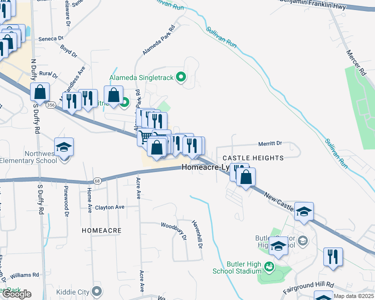 map of restaurants, bars, coffee shops, grocery stores, and more near 122 Point Plaza in Butler