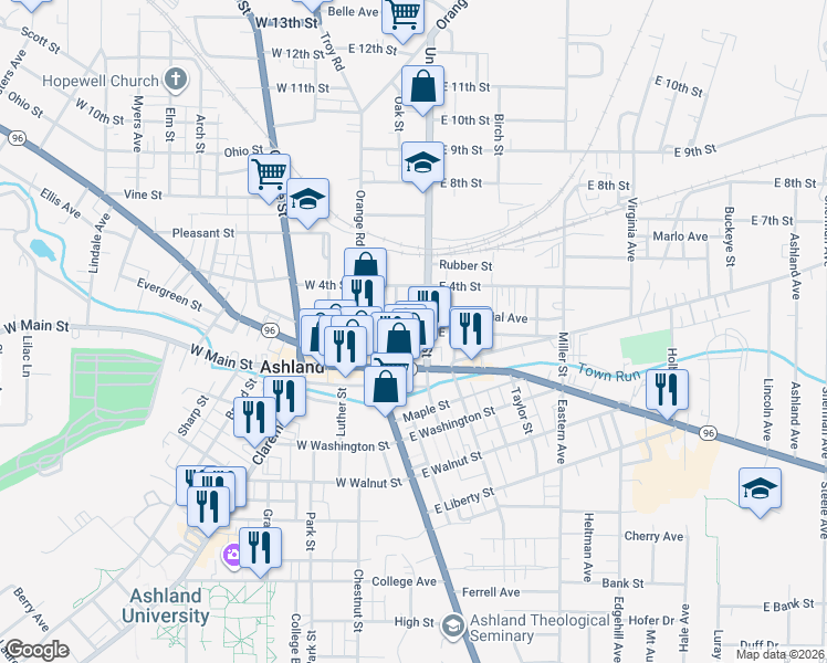 map of restaurants, bars, coffee shops, grocery stores, and more near 88 East Main Street in Ashland